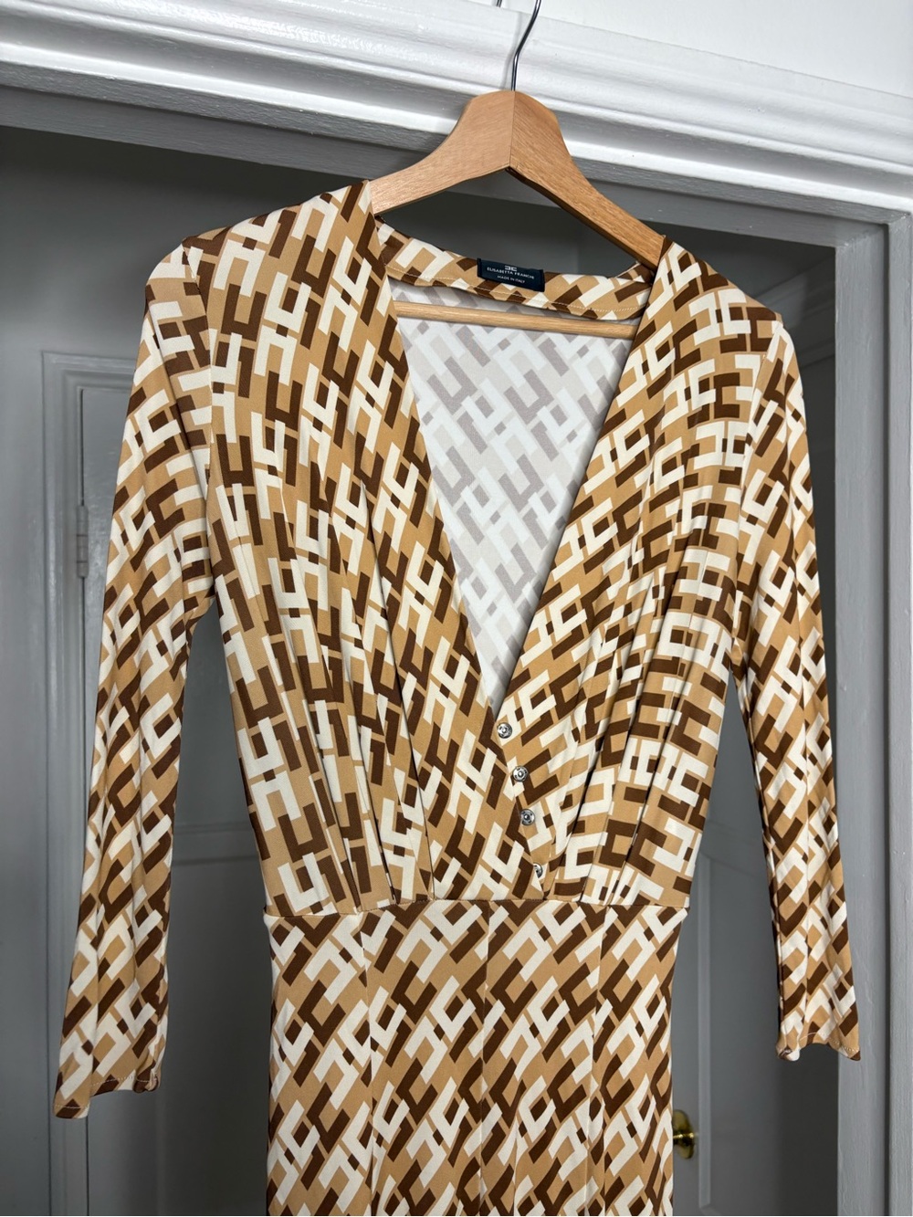 Geometric Print V-Neck Midi Dress in Brown & Cream